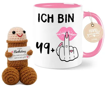 Immagine prodotto di Tazza da caffè da 325 ml con decorazione a maglia, set regalo per donne, con la scritta "HO PIÙ DI 49 ANNI"
