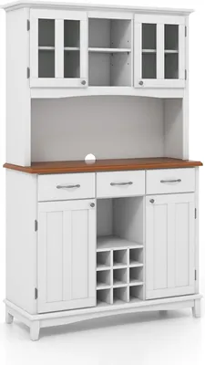 Zdjęcie produktu dla KOMFOTTEU szafka bufetowa szafka kuchenna z drewna, witryna wysoka szafka ze stojakiem na wino i 3 szufladami, szafka na wino ze szklanymi drzwiami, szafka do przechowywania 112x41,5x184,5 cm, biała