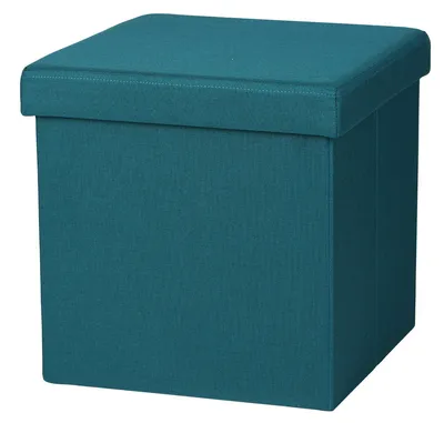 A teal colored storage ottoman on a white background.