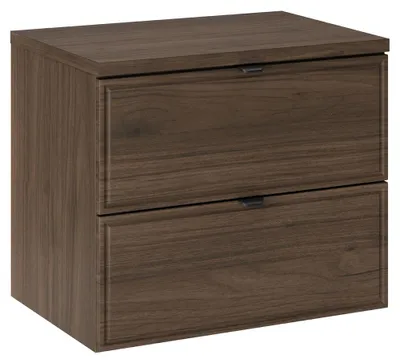 Produktbild von Badezimmer Waschbeckenschrank mit 60 cm Breite in Walnuss, 2 Schubladen mit Rahmenfräsung, wandhängend - TEMUCO-56-WALNUT