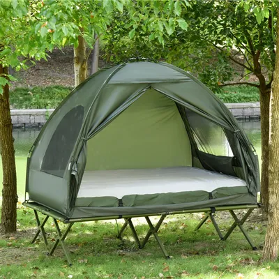 Produktbild von Erhöhtes Campingbett mit Kuppelzelt – inkl. Luftmatratze & Pumpe, aus Taft, 193x136x178cm, für Outdoor Abenteuer, Grün