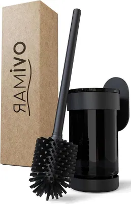Image de Porte-brosse WC mural noir | Brosse WC en silicone | Fonction d'aération | Montage mural | Inoxydable | Tête de brosse interchangeable