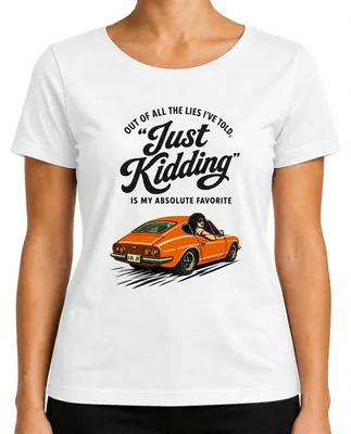 Productafbeelding van "Gewoon een grapje" - Vintage T-shirt met een sarcastische en ironische opdruk voor dames, wit, maat L