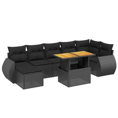 Produktbild von Modulares Garten-Sofaset, 8-teilig, mit verstellbarem Tisch, aus schwarzem Poly Rattan, UV-beständig, inkl. Kissen mit waschbaren Bezügen