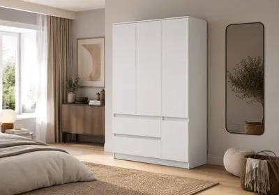 Produktbild von Drehtürenschrank Kleiderschrank Schrank 120 cm Weiß Matt, 4-türig mit 2 Schubladen, Schlafzimmer SOLO 4D2S