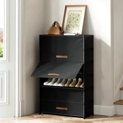 Produktbild von FABATO 7-stufiger Schuhschrank mit Tür – Platz für 28 Paar Schuhe | Kunststoff-Schuhorganizer für Flur, Diele & Schlafzimmer in Schwarz