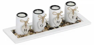 Image de Relaxdays Set de bougeoirs avec plateau et pierres, 39,5 cm de long, décoration de table pour salon, salle à manger, bougeoirs, blanc