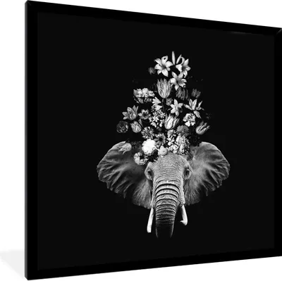 Produktbild von MuchoWow® Gerahmtes Poster Elefant - Blumen - Schwarz - Weiß 40x40 cm - Poster mit Schwarzem Bilderrahmen Wandposter Rahmen Foto Bilder - Mit Rahmen - Wanddekoration Schlafzimmer