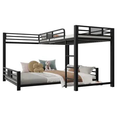 Produktbild von L-förmiges Metall-Etagenbett,Kinderbett,Hochbett, 90x200 über 140x200, Schwarz