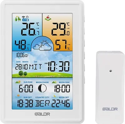 Obrázok produktu pre Bezdrôtová meteorologická stanica Bauerkraft G-806, vlhkomer, hodiny, fázy mesiaca, kalendár, budík, biela farba