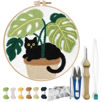 Produktbild von DIY Punch Needle Kit für Anfänger Cartoon Katze Stickset mit Reifen und Anleitung 20cm Grün