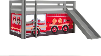Produktbild von Halbhohes Bett Pino mit Rutsche und Textilset Feuerwehr Kiefer Grau lackiert