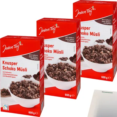 Produktbild von Jeden Tag Knusper Schoko-Müsli 3er Pack (3x600g Packung) + usy Block