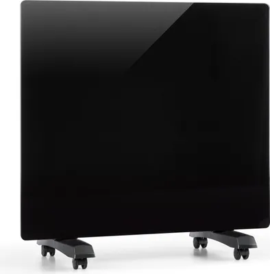 A black electric heater with wheels on a white background.