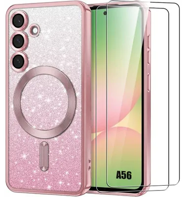 Image de Coque + 2 Verres Trempés pour Samsung Galaxy A56 5G, Silicone avec Cercle Magnétique Protection Caméra - Rose Scintillant