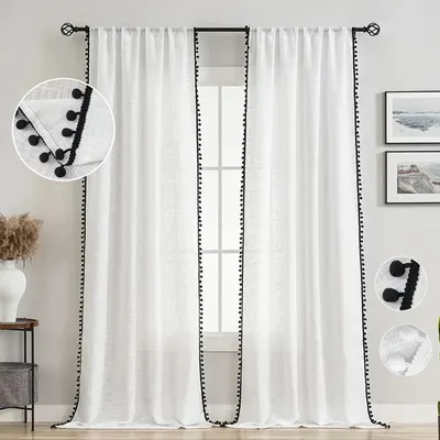Zdjęcie produktu dla zestaw 2 zasłon zasłona półprzezroczysta drążek czarny pompony, zasłona tiul lniany wygląd W 132xH 274cm pokój dziecięcy salon sypialnia