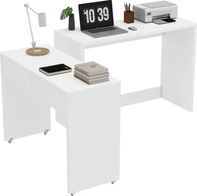 Image de OKWISH Bureau 2-en-1 avec Roulettes, pour Bureau ou Salon, 110x40x78 cm, Blanc