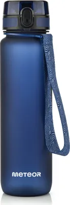A dark blue water bottle with a strap and a flip-top lid.
