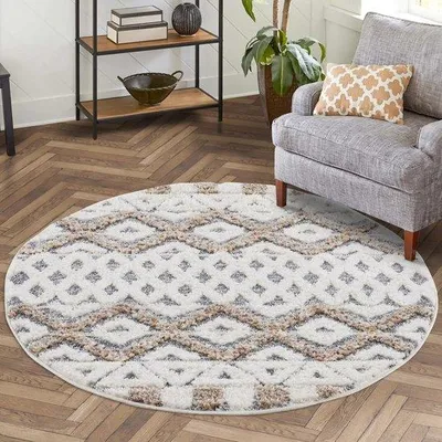 Obrázek produktu pro Měkký koberec typu shaggy, 160 x 160 cm, kulatý, šedý a krémový, s vysokým vlasem