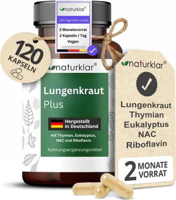 Produktbild von Lungenkraut Kapseln 5-fach Kombi mit Eukalyptus, NAC, Thymian – Vegan, 120 Stück, hochdosiert – Naturklar