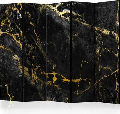 A room divider with a black marble and gold veining pattern.