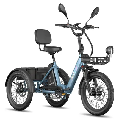 Produktbild von Sicheres E Dreirad mit 180 kg Zuladung, 85 km Reichweite, 21 Ah, IPX5 Schutz, hydraulischen Bremsen und elektrischer Tretunterstützung, Blau