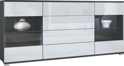 Produktbild von Vladon Sideboard Bari V2, Kommode mit 2 großen Türen und 4 Schubladen, Anthrazit matt/Weiß Hochglanz (166,5 x 75,5 x 35)
