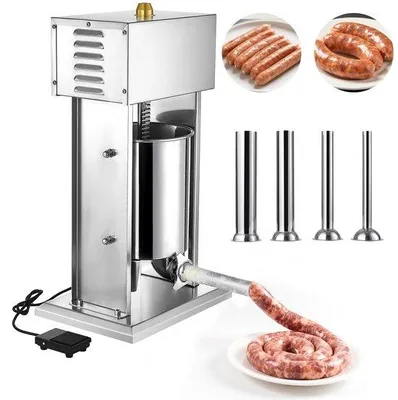 Obrázok produktu pre Elektrická plnička klobás/mäsa - 10 l plnička klobás - plynulá regulácia - ovládanie pedálom - kryt z nehrdzavejúcej ocele - 4 plniace rúrky na klobásy - jednoduché čistenie