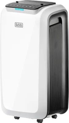 A white and black portable air conditioner with a black control panel on top and a black grille on the side.