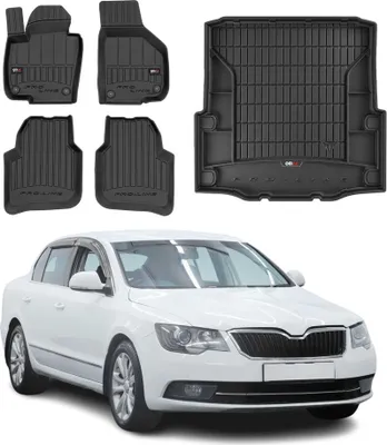 Immagine prodotto di Set di tappetini e fodere per bagagliaio OMAC per Skoda Superb 2008-2015 in gomma nera 5x
