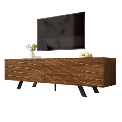 Produktbild von Moderner TV-Schrank mit Wellenfront – Lowboard im Walnuss-Look mit schwarzen Eisenbeinen, großem Stauraum, Kabelmanagement & Ablage – TV-Möbel
