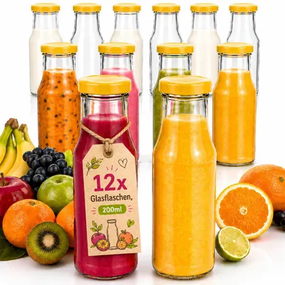 Produktbild von 12x Glasflaschen 200 ml Set mit Schraubdeckel kleine Trinkflaschen für Saft Smoothie Milch Sirup luftdicht wiederverwendbar spülmaschinengeeignet