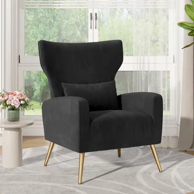 Produktbild von Hawthyhome Ohrensesel mit Samtbezug Moderner Loungesessel– Hohe Rückenlehne, Zierkissen und goldfarbene Metallfüße Schwarz