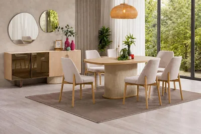 Immagine prodotto di Set di 6 moderne sedie da pranzo, con rivestimento in tessuto chiaro e gambe in legno