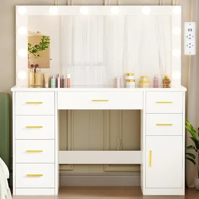 Immagine prodotto di Comò con specchio - Tavolino da trucco - Ideale per il trucco - Stazione di ricarica integrata - 110 x 40 x 140 cm - Bianco