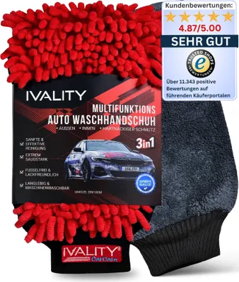 Produktbild von IVALITY® Auto Waschhandschuh multifunktional 3-in-1 Handschuh Mikrofaser-Lappen - Lack-schonend & saugstark - für hartnäckigen Schmutz - Auto-Pflege