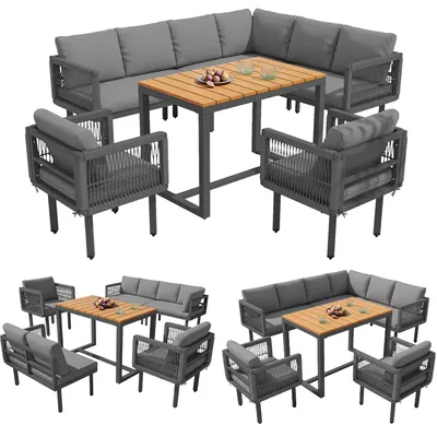 Produktbild von 6-teiliges Gartenlounge-Set, Ecksofa mit 2 Sesseln & Tisch, wetterfestes Stahlgestell, Seilgeflecht-Design, Sitzkissen, Outdoor Lounge für Balkon