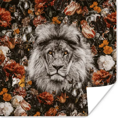 Produktbild von MuchoWow® Poster Blumen - Löwe - Porträt 75x75 cm - Wand Dekoration