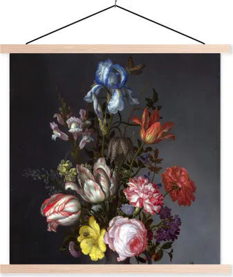 Produktbild von MuchoWow® Textilposter Blumen in einer Vase mit Muscheln und Insekten - Balthasar van der Ast 40x40 cm mit holzfarbenen Rahmen - Posterleiste