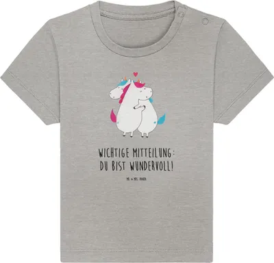 Produktbild von Mr. & Mrs. Panda Babyshirt Einhorn Mitteilung 6. - 12. Monat - Heather Grey - Geschenk, Baby Kurzarmshirt, Valentinstag, Unicorn, Spruch, Einhörner, T-Shirt,  Shirt