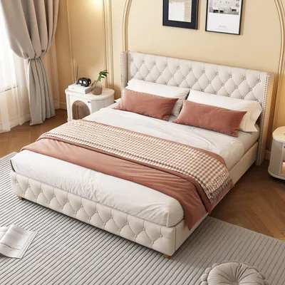 Produktbild von STILVORA Polsterbett 180x200 cm, Jugendbett mit Lattenrost und Kopfteil, Knopf- und Nietenpolsterung, Holzbeine, Leinen, beige, gleichzeitig strapazierfähig und pflegeleicht
