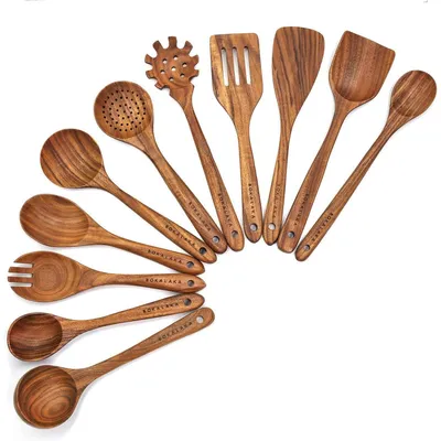 Immagine prodotto di Set di utensili da cucina in legno di teak, composto da 11 pezzi, tra cui cucchiai e spatole, resistenti al calore