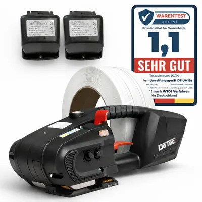 Produktbild von DeTec. DT-UM19s Umreifungsgerät mit 2 Akkus + PP Umreifungsband 12mm 2300m Elektisches Umreifungsgerät mit Band Reißfestigkeit von 160 kg