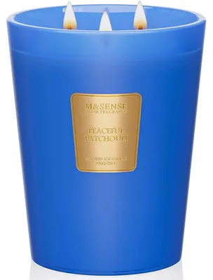 Immagine prodotto di Candela profumata in vetro, grande, con fragranza di patchouli e sandalo, 3 stoppini, cera di soia, 990g, autonomia di combustione di 150 ore
