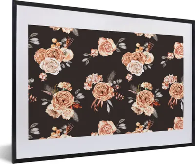 Produktbild von MuchoWow® Gerahmtes Poster Blumen - Schwarz - Muster 60x40 cm - Poster mit Schwarzem Bilderrahmen Wandposter Rahmen Foto Bilder - Schlafzimmer - Plakat in Rahmen - Drucken