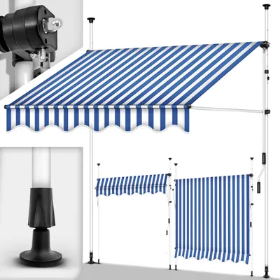 Produktbild von tillvex Balkonmarkise 250 cm Blau/Weiß Gelenkarm Markise Klemmmarkise Sonnenmarkise Balkon ohne Bohren