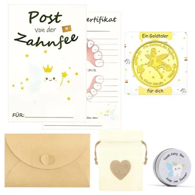 Produktbild von Zahnfee Geschenkset Goldene Münze mit Urkunde und Milchzahndose für Kinder