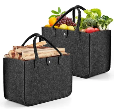 Productafbeelding van Vilt tassen, 2 stuks, grote boodschappentassen, opvouwbaar, 39x26x20 cm, donkergrijs