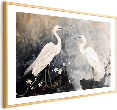 Produktbild von Posterpapier Poster - Herons and Cherry Blossom - oriental-style illustration depicting birds 60x40 cm Tiere g-H-10115-ao-a