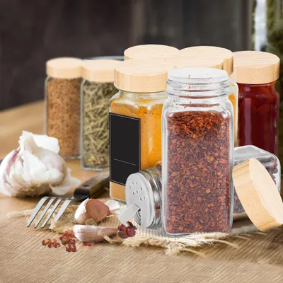 Produktbild von YZNAHRE Gewürzgläser Eckig 24 Stück 120ml Glas Gewürzdosen mit Streueinsatz, Trichter Gewürzbehälter für Gewürz Küchenzubehör, Holzdeckel